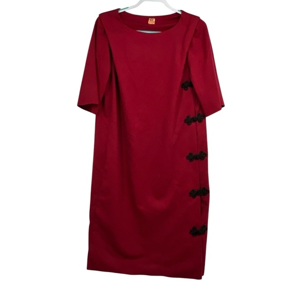 Vintage 1960s Handmade Couture Wool Dress Crimson Red w/ Black Frog Closures - Picture 5 of 13